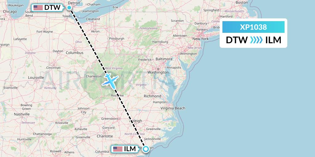 XP1038 Avelo Airlines Flight Map: Detroit to Wilmington