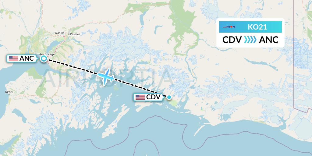 KO21 Komiaviatrans Flight Map: Cordova to Anchorage