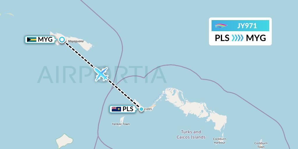 JY971 InterCaribbean Airways Flight Map: Providenciales to Mayaguana