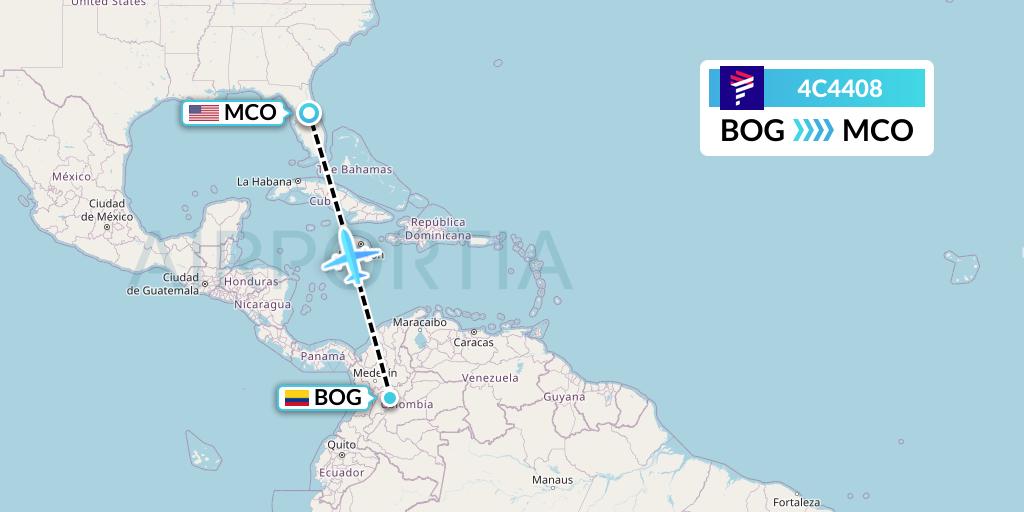 4C4408 LATAM Airlines Colombia Flight Map: Bogota to Orlando