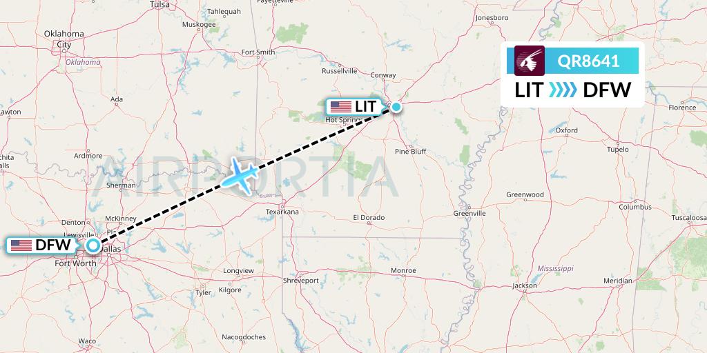 QR8641 Qatar Airways Flight Map: Little Rock to Dallas