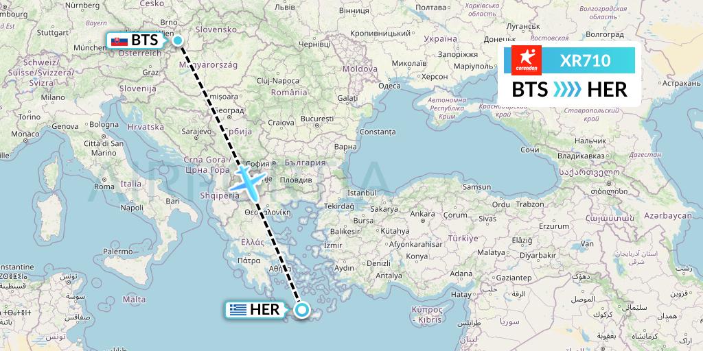 XR710 Corendon Airlines Europe Flight Map: Bratislava to Heraklion