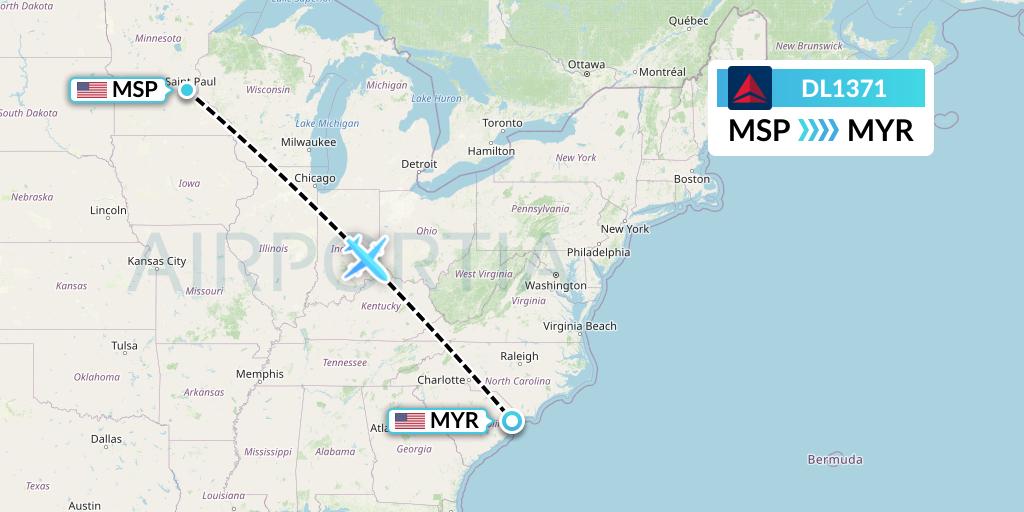 DL1371 Delta Air Lines Flight Map: Minneapolis to Myrtle Beach