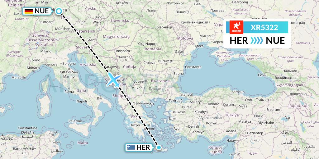XR5322 Corendon Airlines Europe Flight Map: Heraklion to Nurnberg