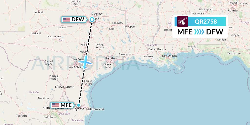QR2758 Qatar Airways Flight Map: McAllen to Dallas