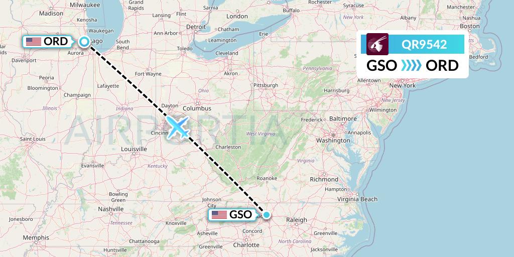 QR9542 Qatar Airways Flight Map: Greensboro to Chicago