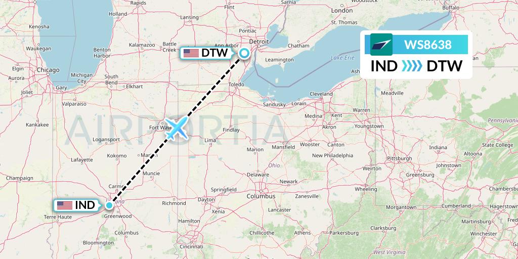 WS8638 WestJet Flight Map: Indianapolis to Detroit