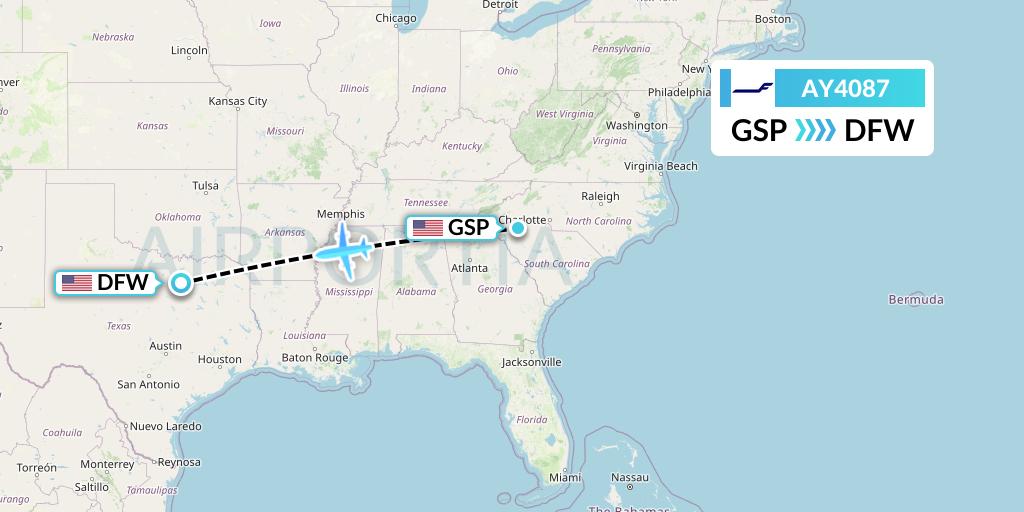 AY4087 Finnair Flight Map: Greenville-Spartanburg to Dallas