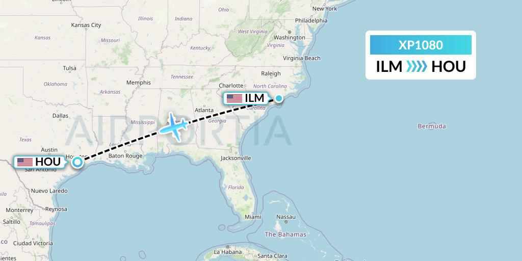 XP1080 Avelo Airlines Flight Map: Wilmington to Houston