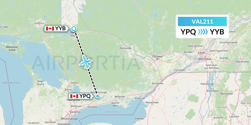 VAL211 Voyageur Airlines Flight Map: Peterborough to North Bay