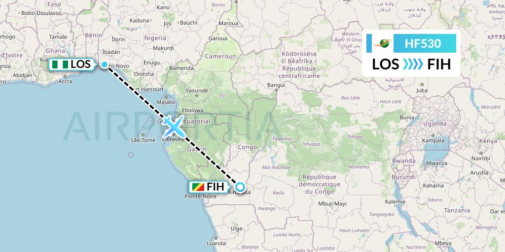 HF530 Air Cote d'Ivoire Flight Map: Lagos to Kinshasa