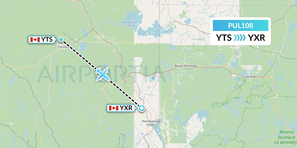 PUL108 Ornge Air Flight Map: Timmins to Earlton