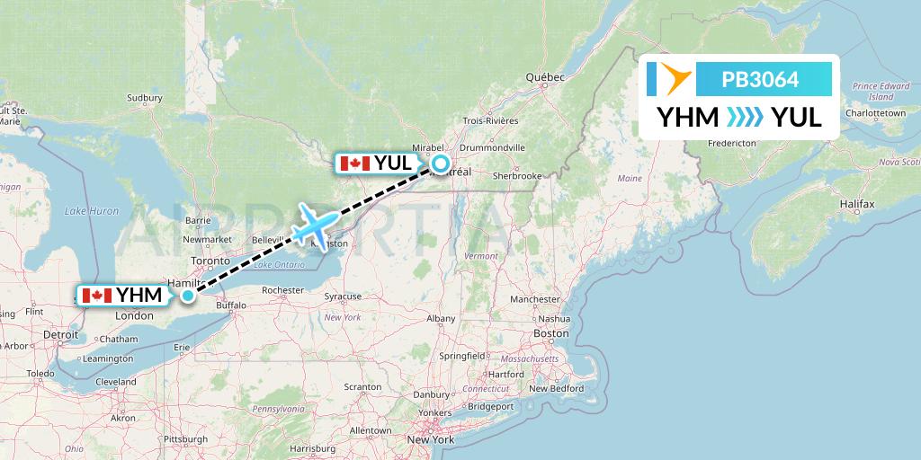 PB3064 PAL Airlines Flight Map: Hamilton to Montreal