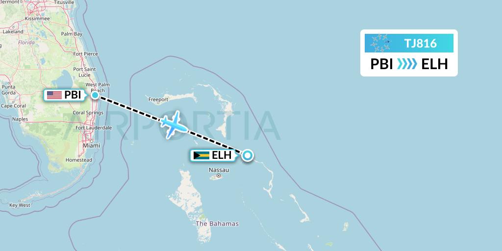 TJ816 Tradewind Aviation Flight Map: West Palm Beach to North Eleuthera