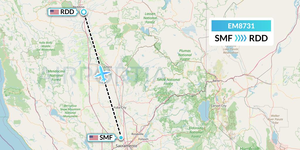EM8731 Empire Airlines Flight Map: Sacramento to Redding
