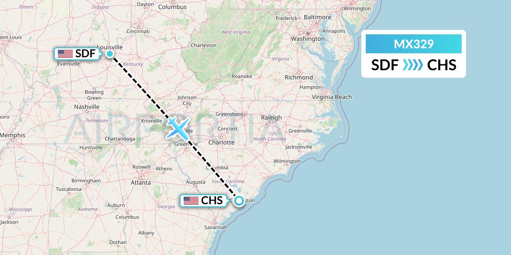 MX329 Breeze Airways Flight Map: Louisville to Charleston