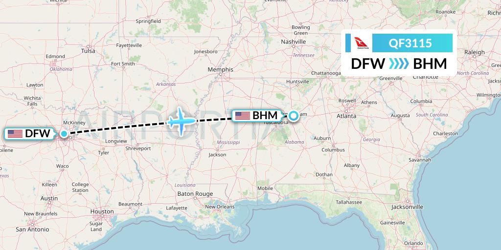 QF3115 Qantas Flight Map: Dallas to Birmingham