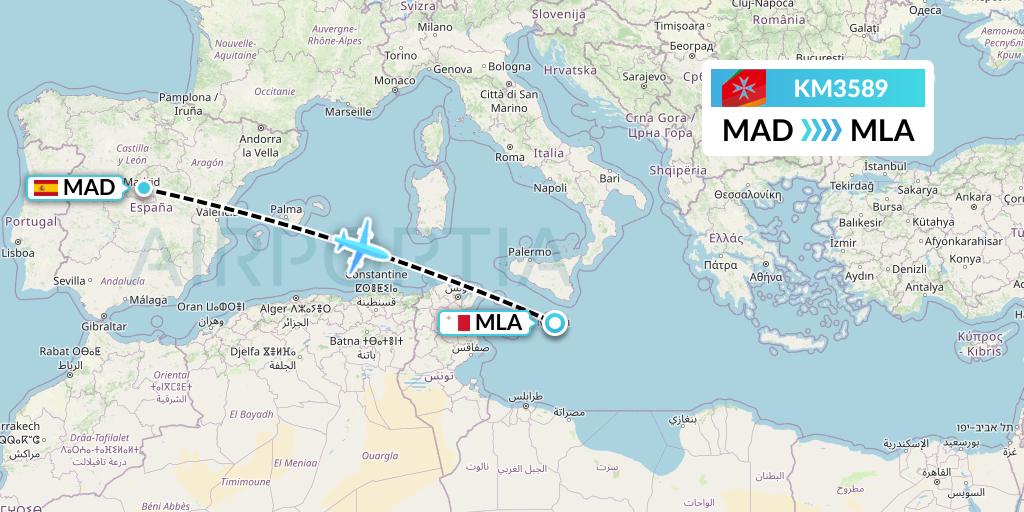 KM3589 Air Malta Flight Map: Madrid to Malta