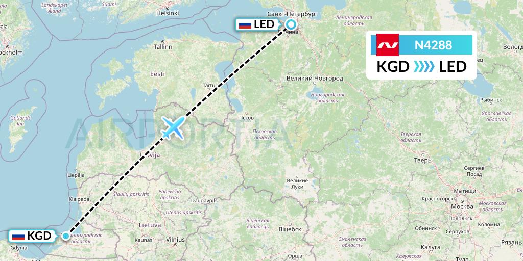 N4288 Nordwind Airlines Flight Map: Kaliningrad to St. Petersburg
