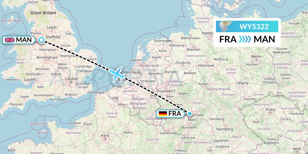 WY5322 Oman Air Flight Map: Frankfurt to Manchester