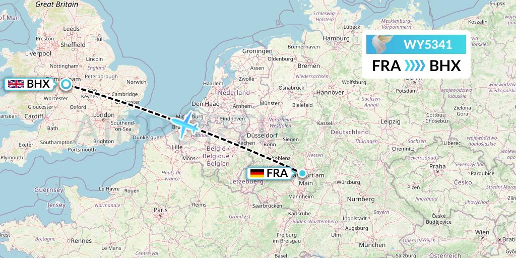 WY5341 Oman Air Flight Map: Frankfurt to Birmingham