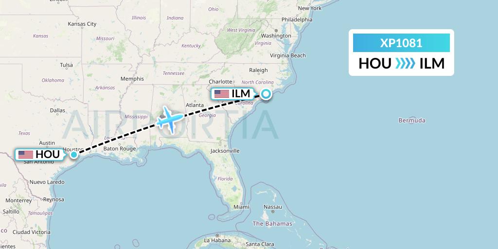 XP1081 Avelo Airlines Flight Map: Houston to Wilmington