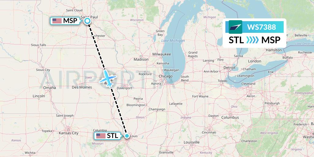 WS7388 WestJet Flight Map: St. Louis to Minneapolis