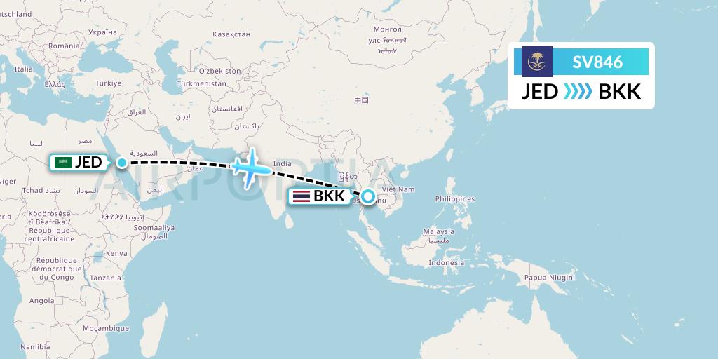 SV846 Saudi Arabian Airlines Flight Map: Jeddah to Bangkok