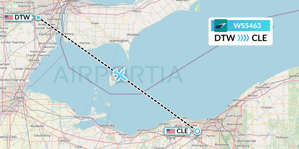 WS5463 WestJet Flight Map: Detroit to Cleveland