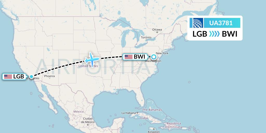 UA3781 United Airlines Flight Map: Long Beach to Baltimore