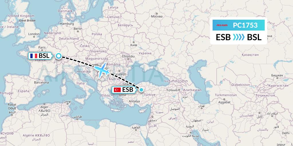 PC1753 Pegasus Airlines Flight Map: Ankara to Basel