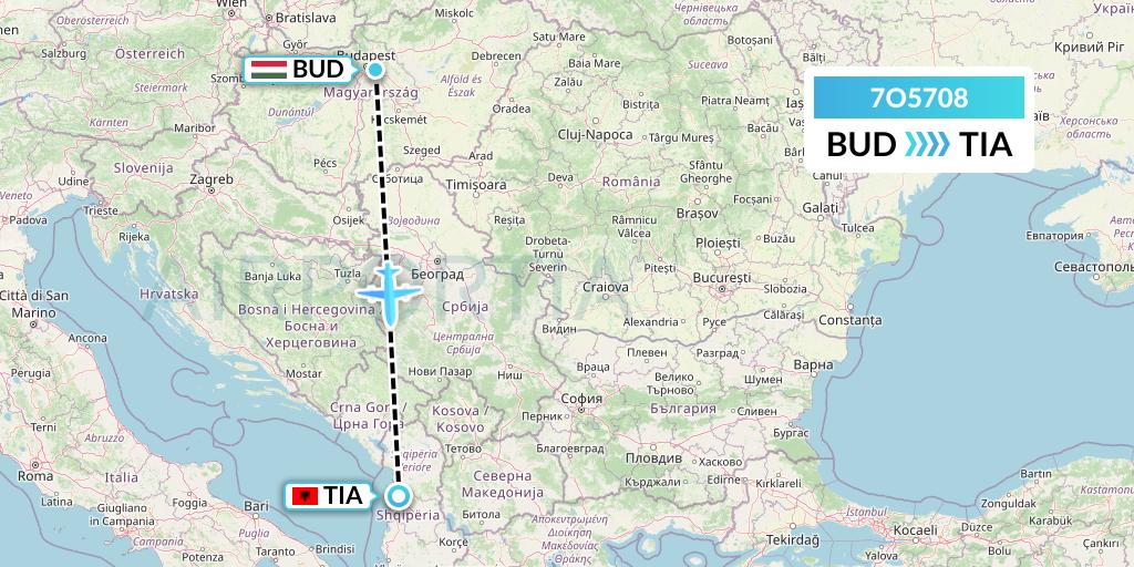 7O5708 Travel Service Hungary Flight Map: Budapest to Tirana