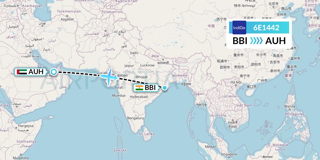 6E1442 IndiGo Airlines Flight Map: Bhubaneswar to Abu Dhabi