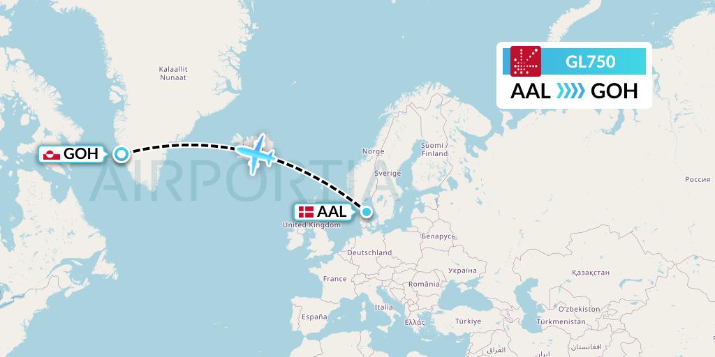 GL750 Air Greenland Flight Map: Aalborg to Nuuk