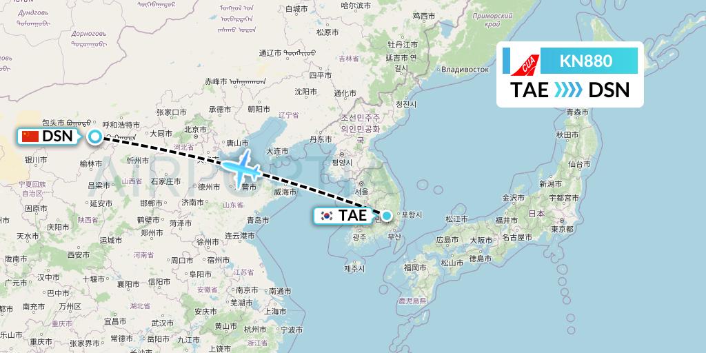 KN880 China United Airlines Flight Map: Daegu to Dongsheng