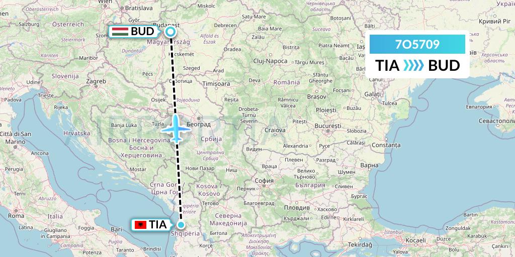 7O5709 Travel Service Hungary Flight Map: Tirana to Budapest