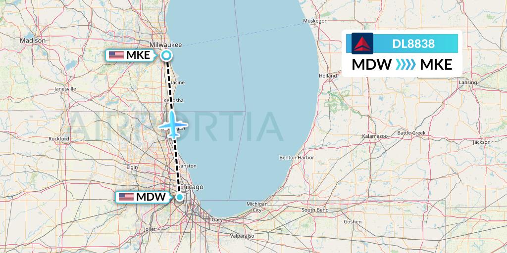 DL8838 Delta Air Lines Flight Map: Chicago to Milwaukee