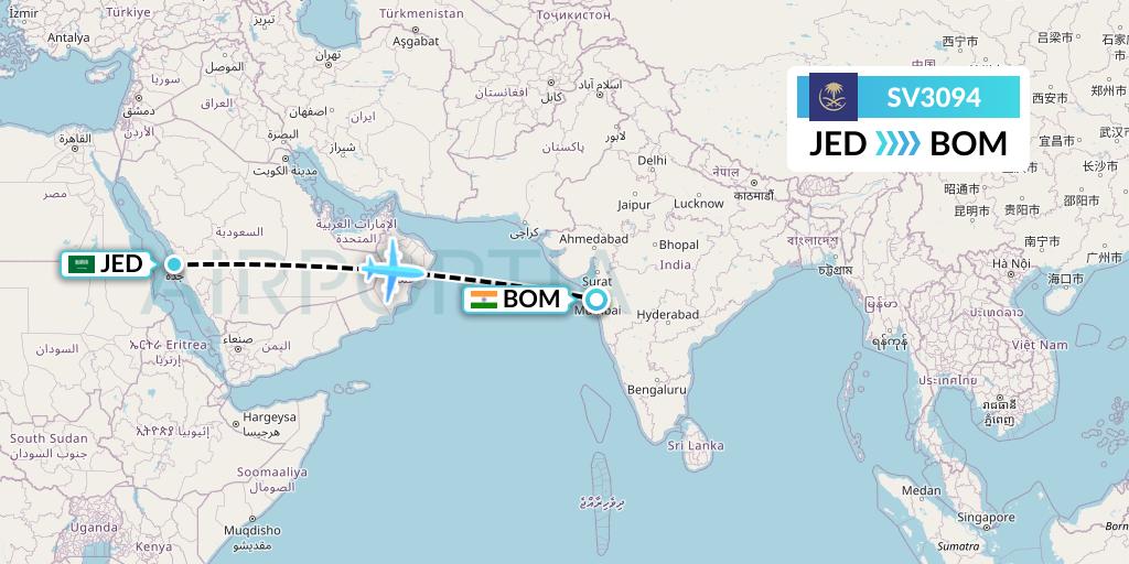 SV3094 Saudi Arabian Airlines Flight Map: Jeddah to Mumbai