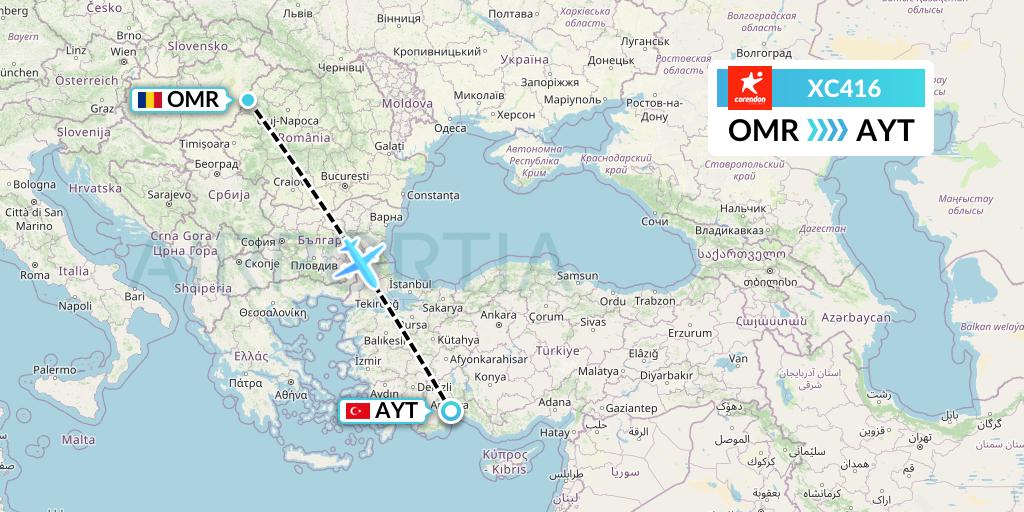 XC416 Corendon Airlines Flight Map: Oradea to Antalya