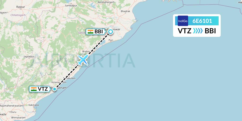 6E6101 IndiGo Airlines Flight Map: Visakhapatnam to Bhubaneswar
