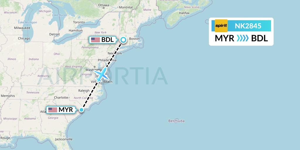 NK2845 Spirit Airlines Flight Map: Myrtle Beach to Windsor Locks
