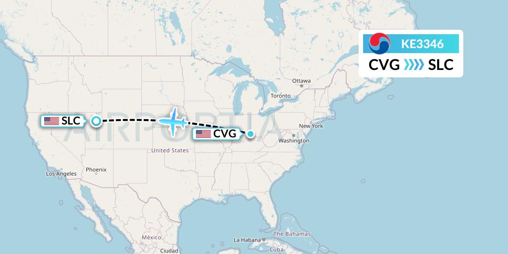 KE3346 Korean Air Flight Map: Cincinnati to Salt Lake City