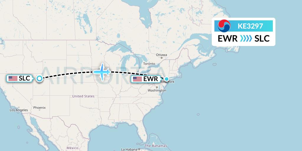 KE3297 Korean Air Flight Map: New York to Salt Lake City