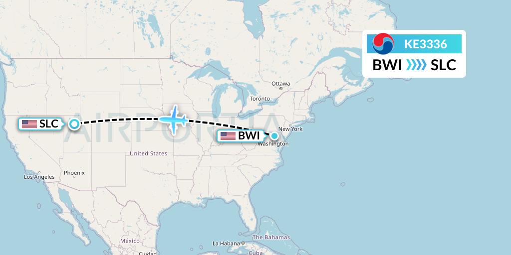 KE3336 Korean Air Flight Map: Baltimore to Salt Lake City