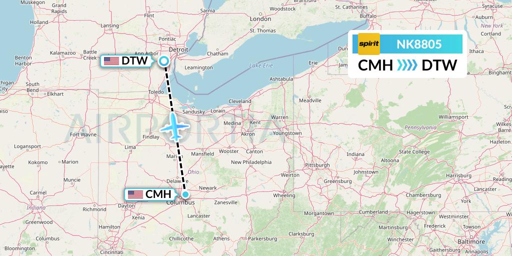 NK8805 Spirit Airlines Flight Map: Columbus to Detroit