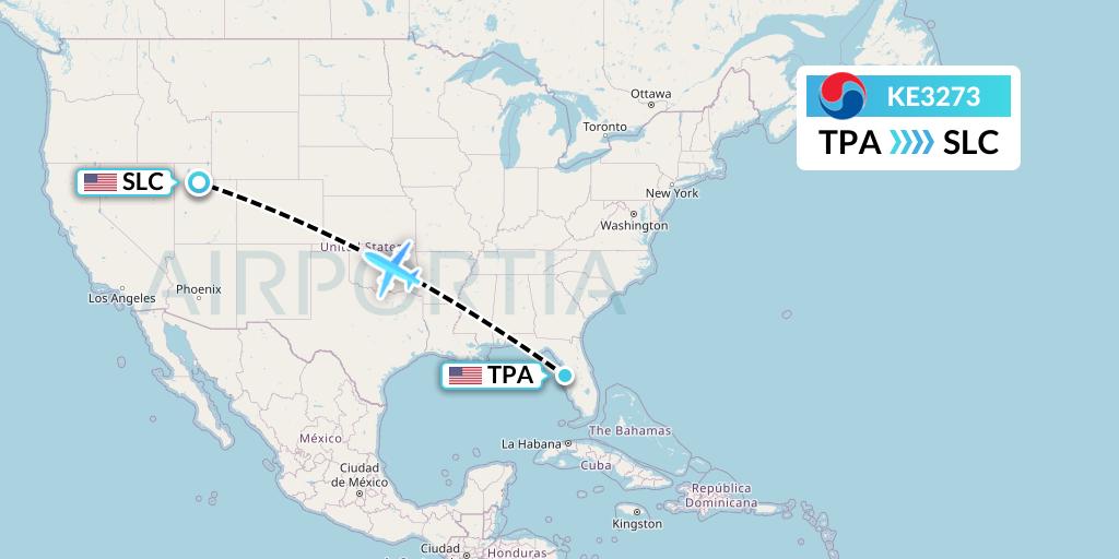 KE3273 Korean Air Flight Map: Tampa to Salt Lake City