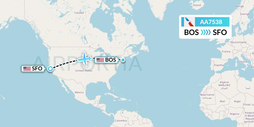 AA7538 American Airlines Flight Map: Boston to San Francisco