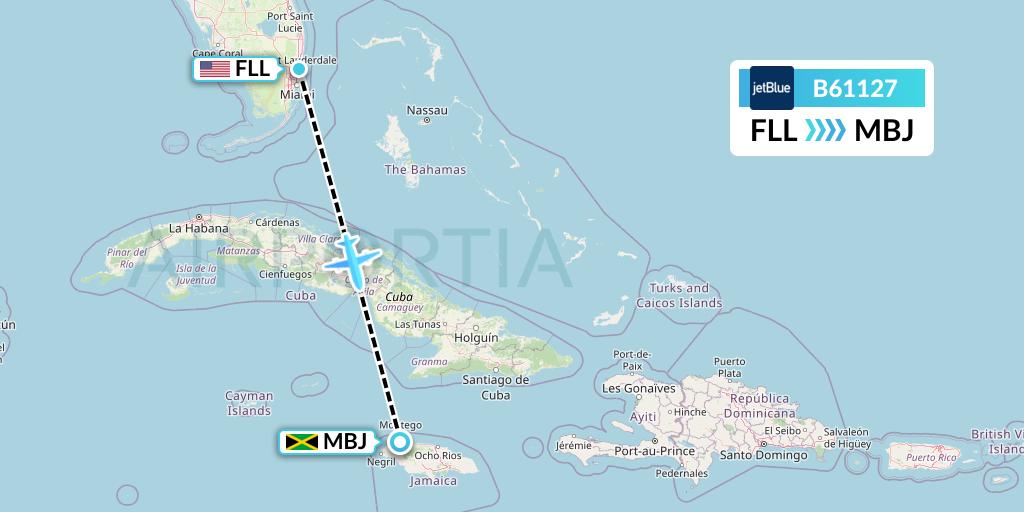 B61127 JetBlue Airways Flight Map: Fort Lauderdale to Montego Bay