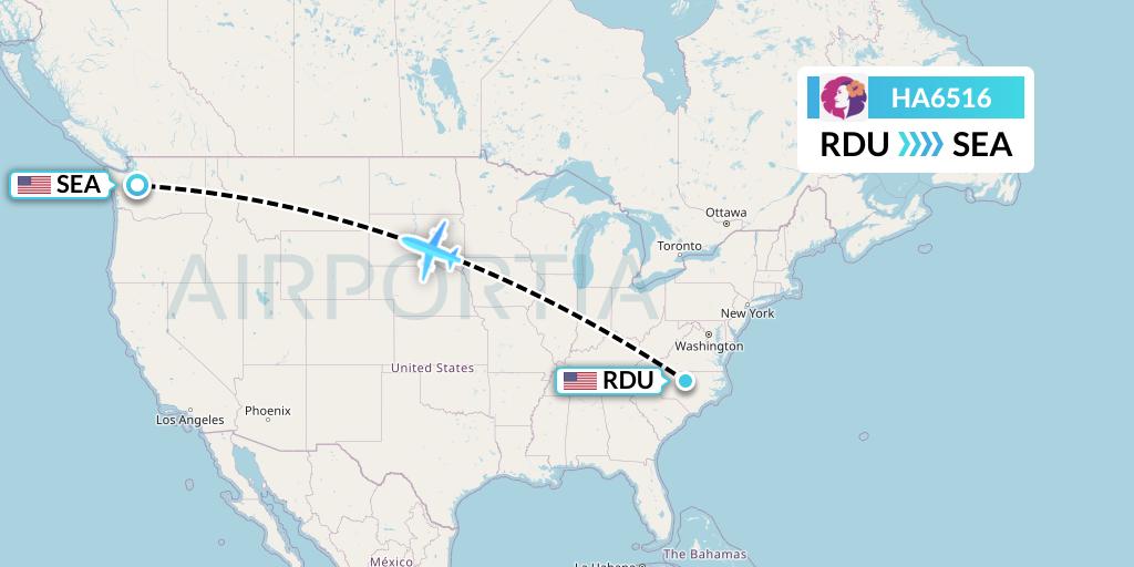 HA6516 Hawaiian Airlines Flight Map: Raleigh-Durham to Seattle