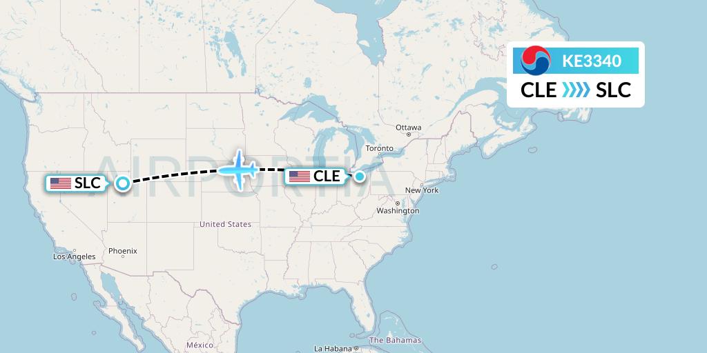KE3340 Korean Air Flight Map: Cleveland to Salt Lake City